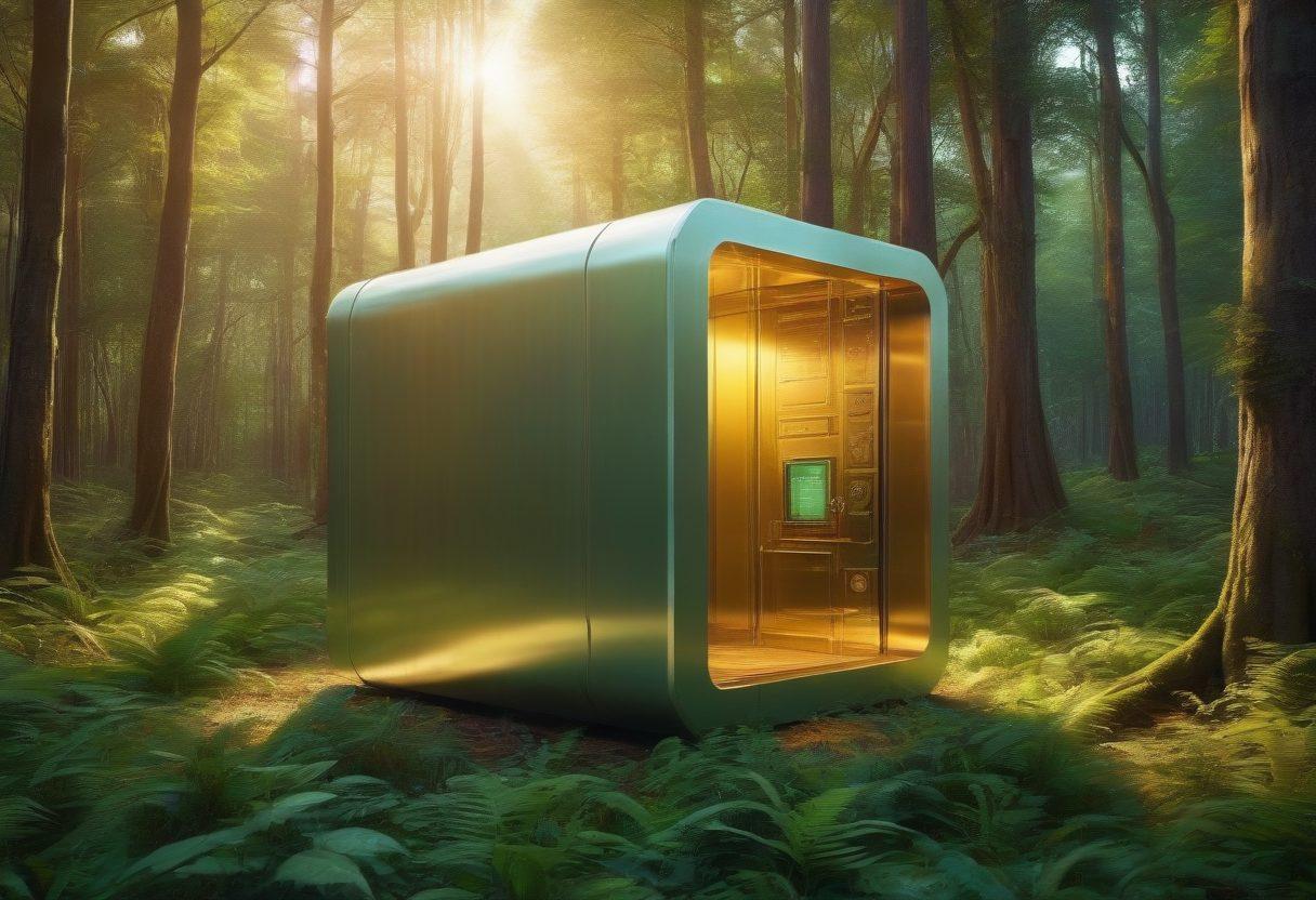 A futuristic digital vault in a serene, lush forest, emitting a soft glow as it opens, revealing holographic historical documents floating inside. The scene is bathed in golden hour light, with hints of mystical aura signifying the passage of time. super-realistic. vibrant colors. 3D.