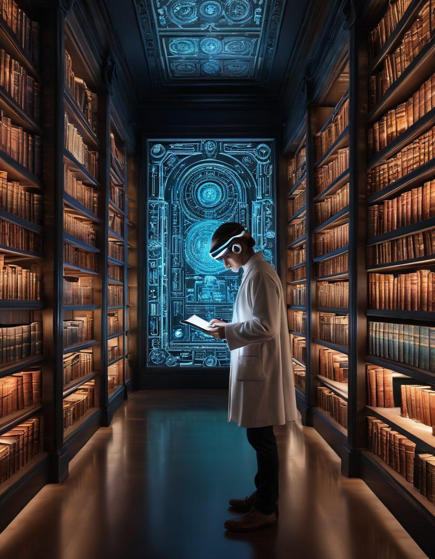An ancient library with glowing digital shelves filled with holographic historical artifacts, blending seamlessly between old scrolls and modern tablets. A person in futuristic attire engaged in exploring these archives through an augmented reality headset. Intricate details showcasing a blend of past and future elements. vibrant colors. super-realistic. white background.